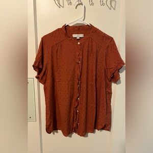 Loft Plus Blouse, Women’s 14. Beautiful Rust Color, Short Sleeved w/Ruffles